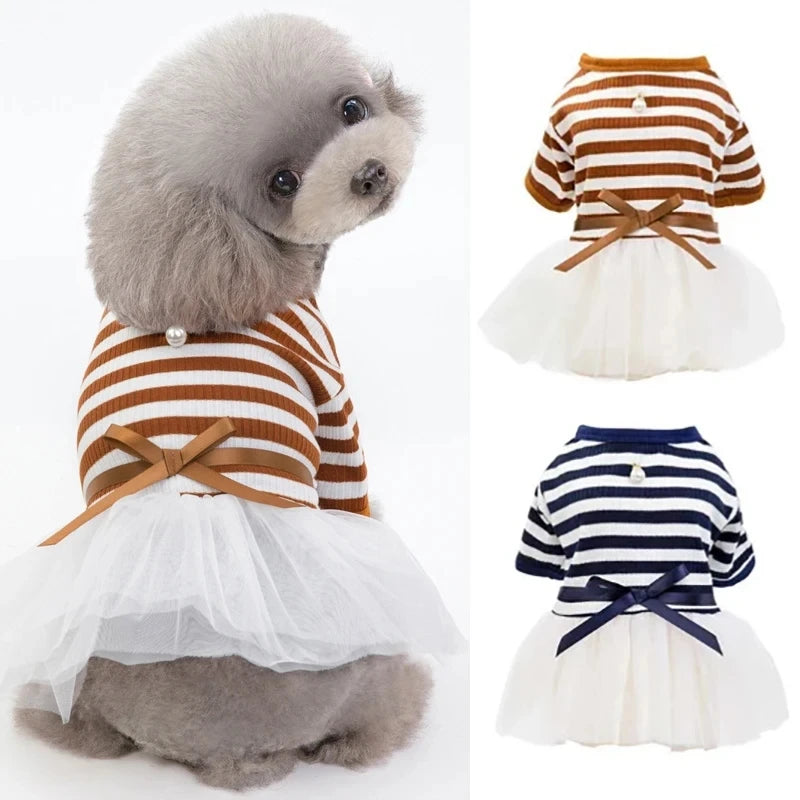 Striped Pet Dress with White Tutu Skirt & Ribbon Bow