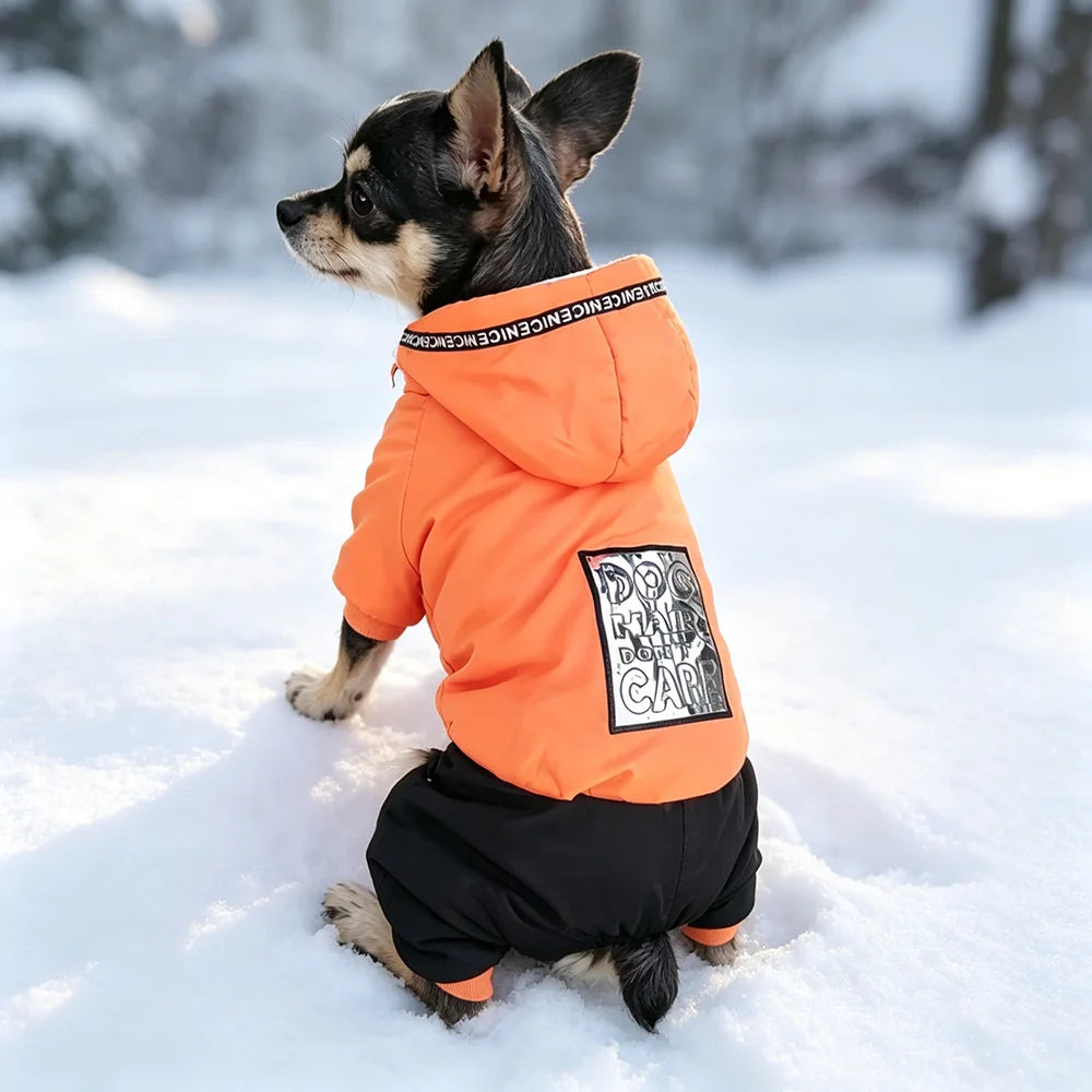 Slogan-Patch Hooded Pet Jumpsuit with Black Legs