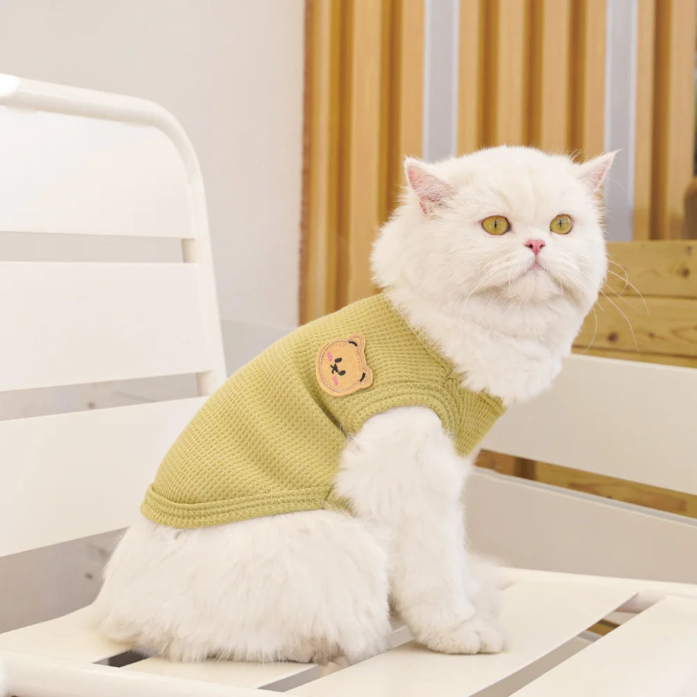 Waffle-Texture Bear-Patch Cat Vest
