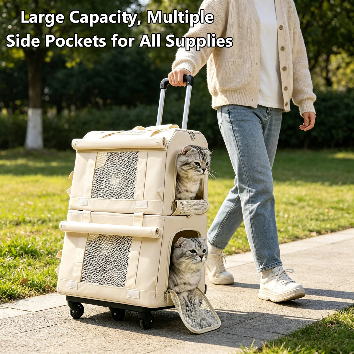 Detachable Rolling Cat Carrier with Mesh Panels