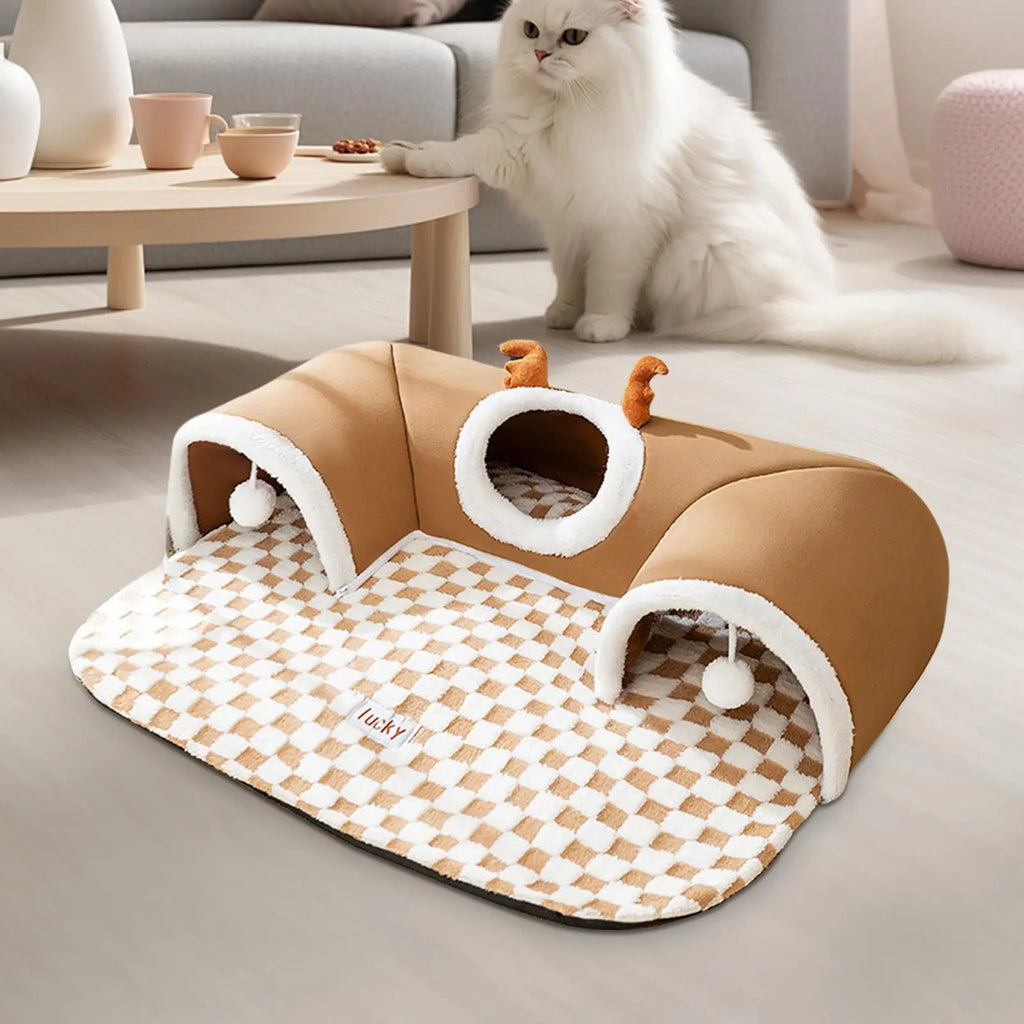 Kitten Play Tunnel Bed with Checkerboard Mat