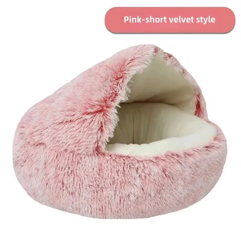 Shaggy Plush Cat Cave Bed with Snuggle Cover