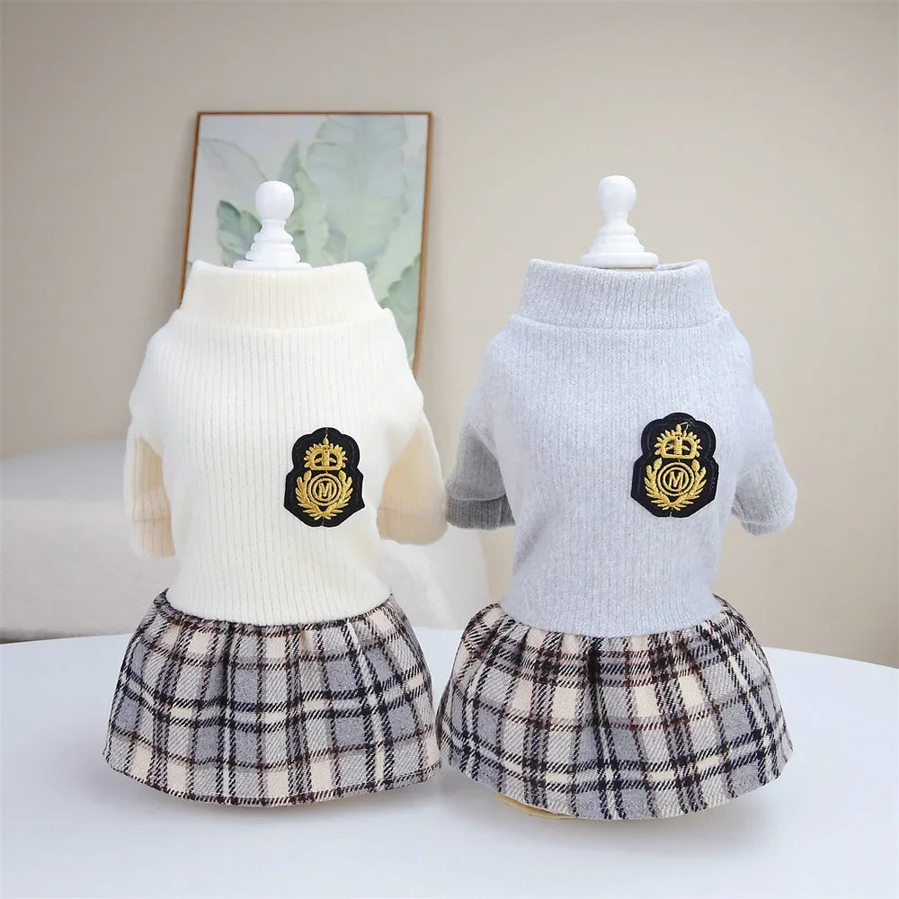 Plaid-Skirt Pet Dress with Decorative Back Patch