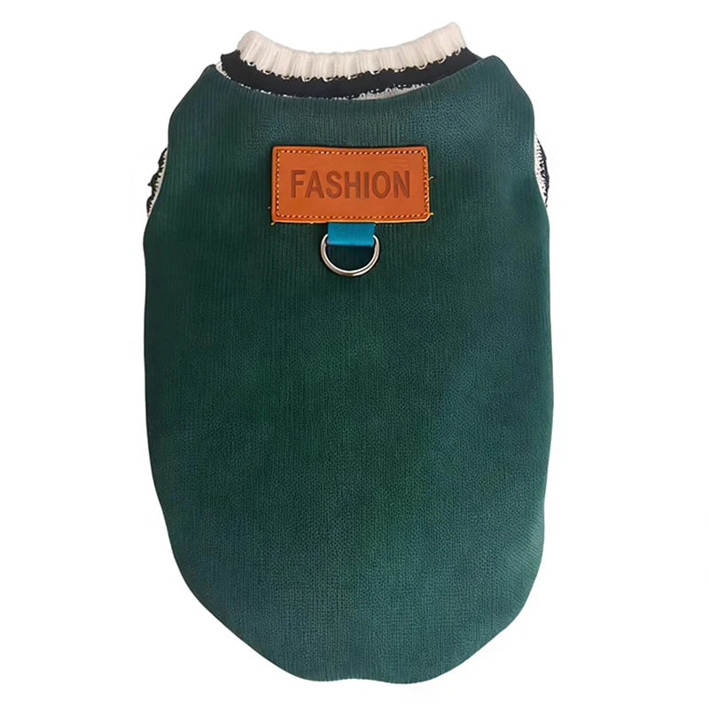 Striped-Trim Pet Sweater Vest with Back Patch