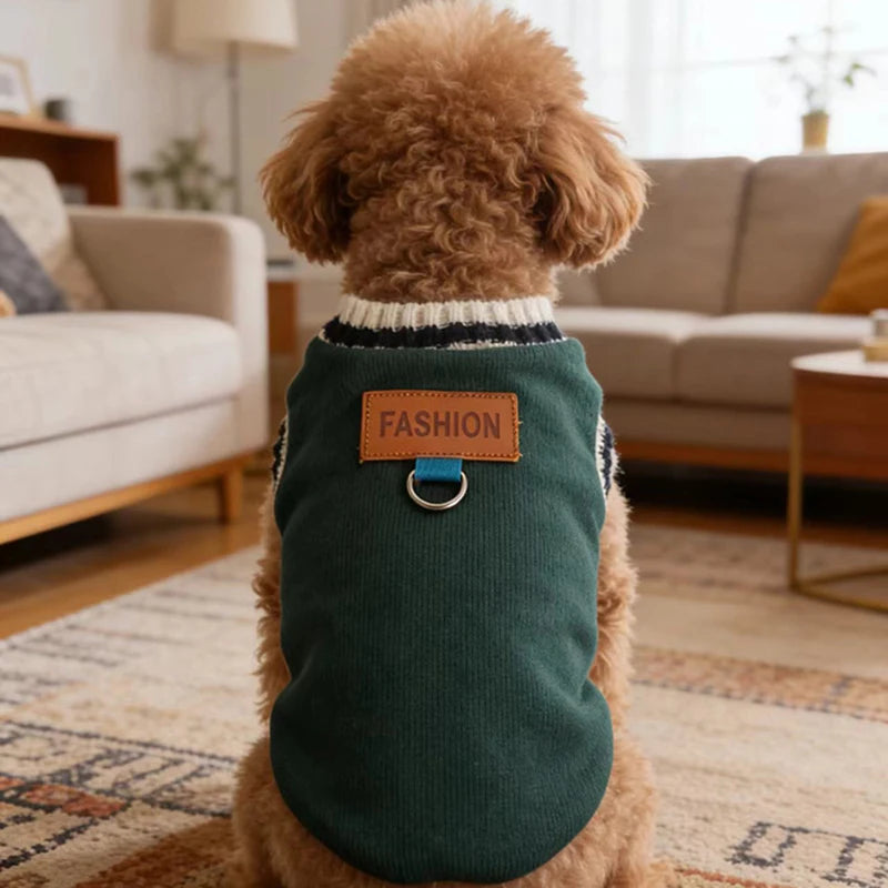 Striped-Trim Pet Sweater Vest with Back Patch