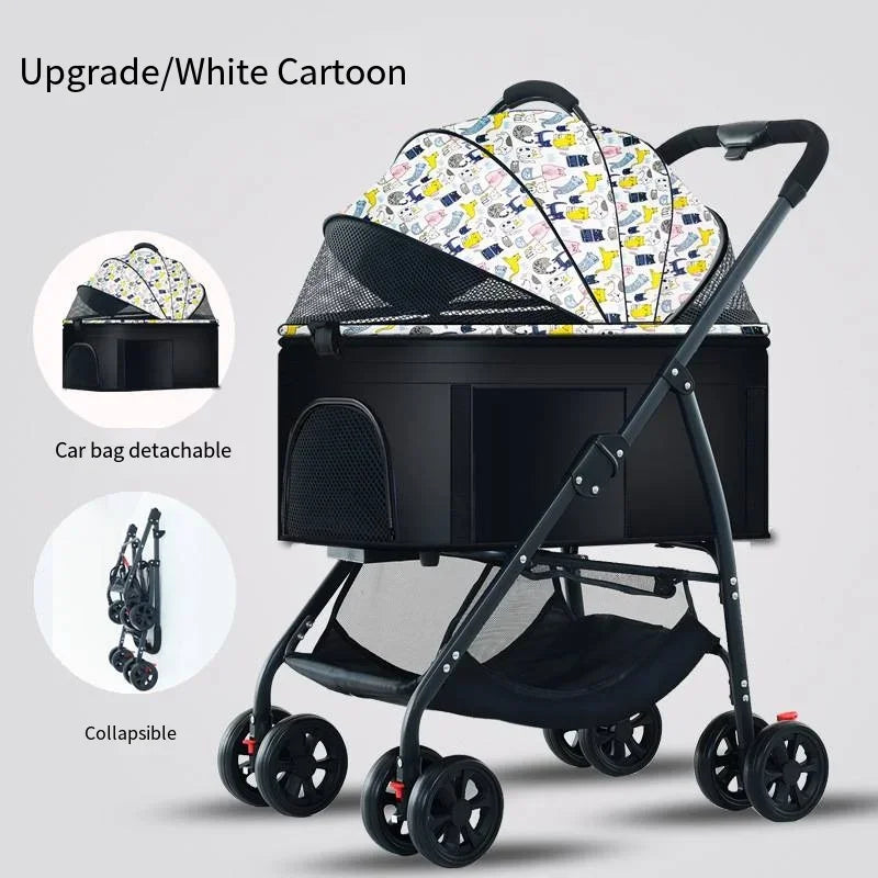 Folding Pet Stroller with Detachable Basket & Mesh Canopy