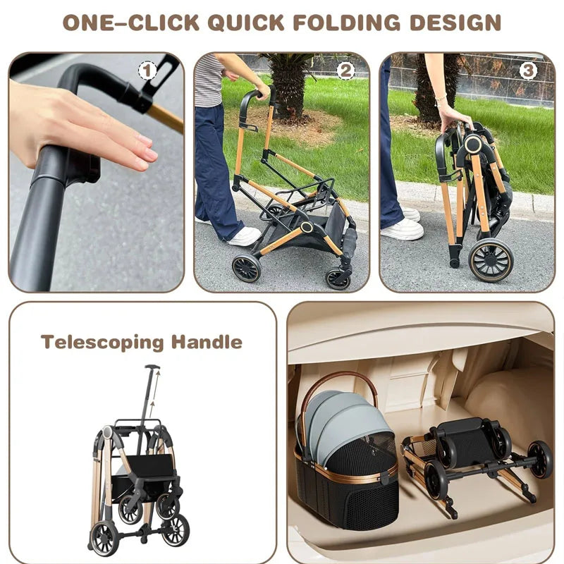 Gold-Tone Frame Pet Stroller with Detachable Basket