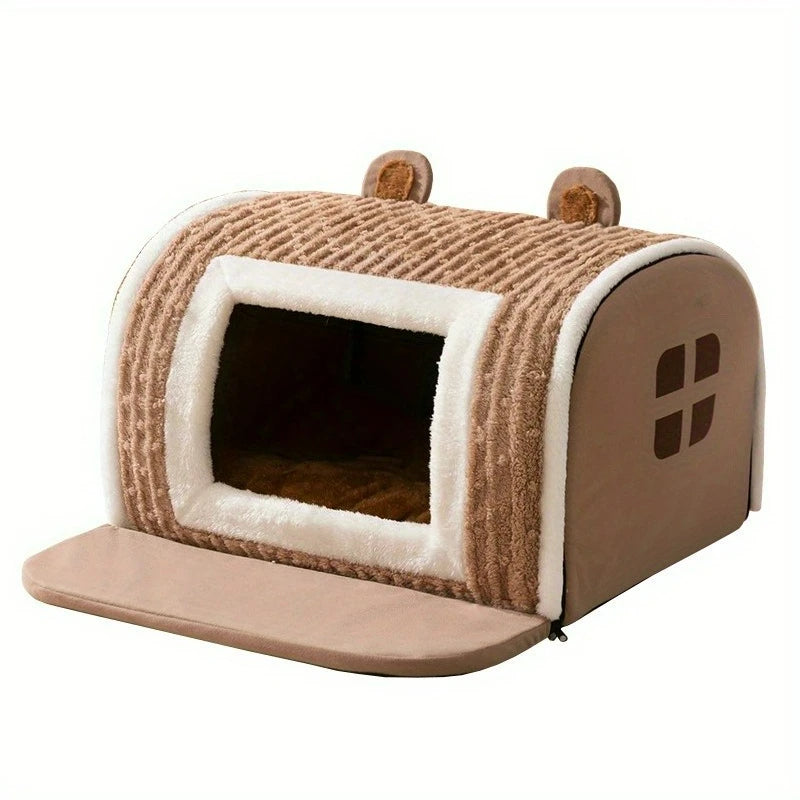 Bear-Ear Plush Pet House for Cats & Small Dogs