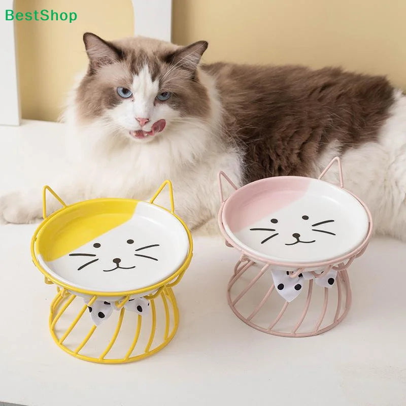 Cat-Face Ceramic Dish & Bow-Detail Stand Options