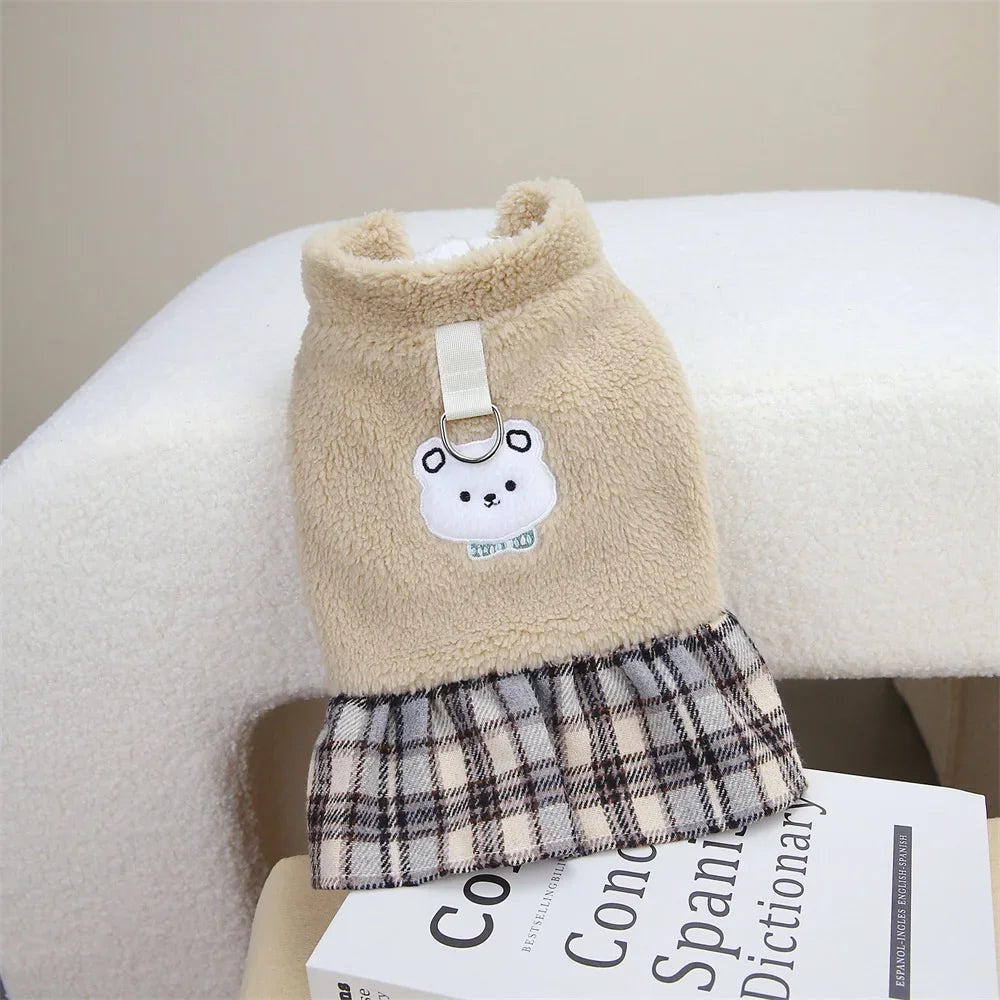 Plaid-Skirt Pet Dress with Decorative Back Patch