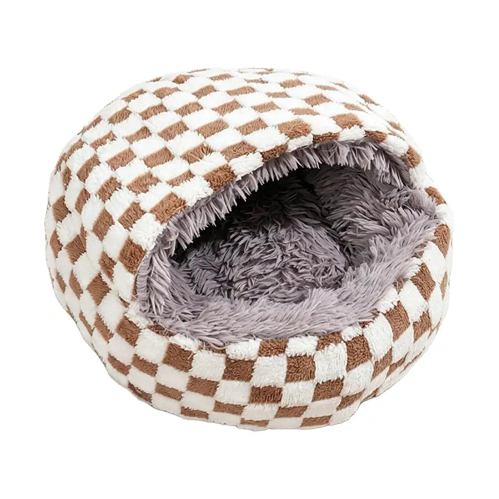 Checkerboard Plush Hooded Pet Bed