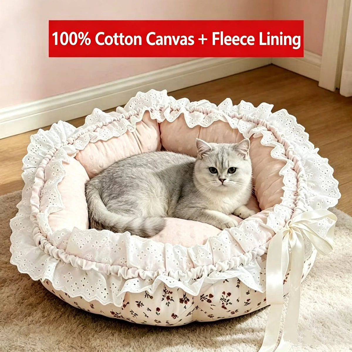 Floral Lace-Trim Pet Bed with Bow Detail