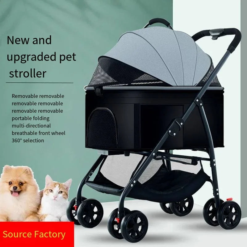 Folding Pet Stroller with Detachable Basket & Mesh Canopy