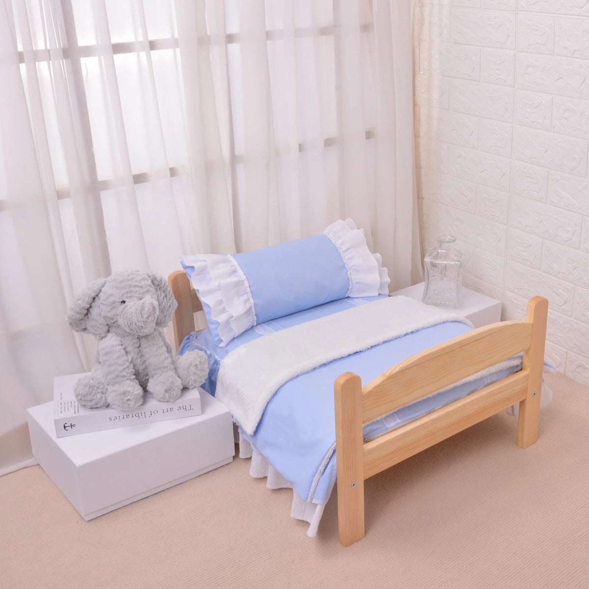 Cottage-Style Wooden Pet Bed with Ruffled Bedding