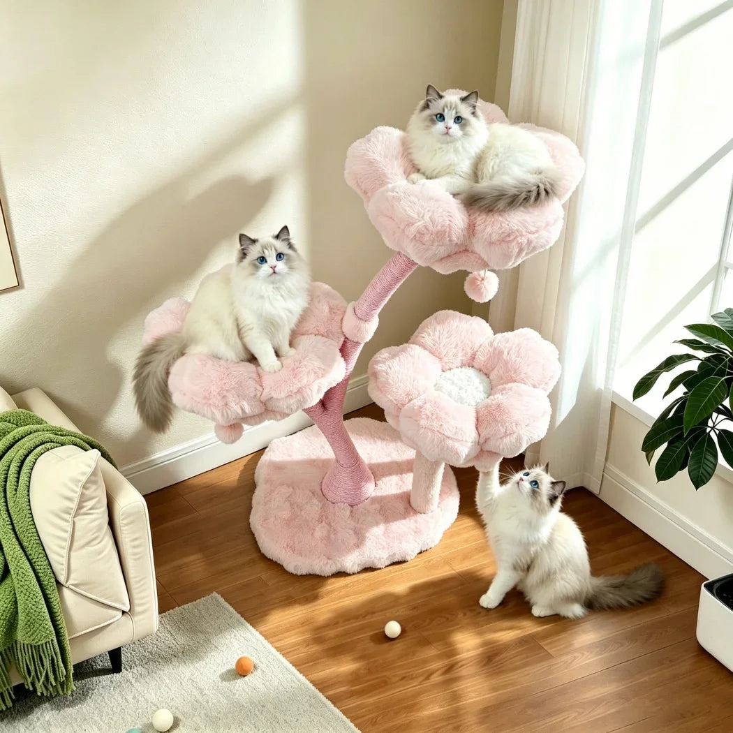 Plush Flower Cat Tree with Scratching Areas