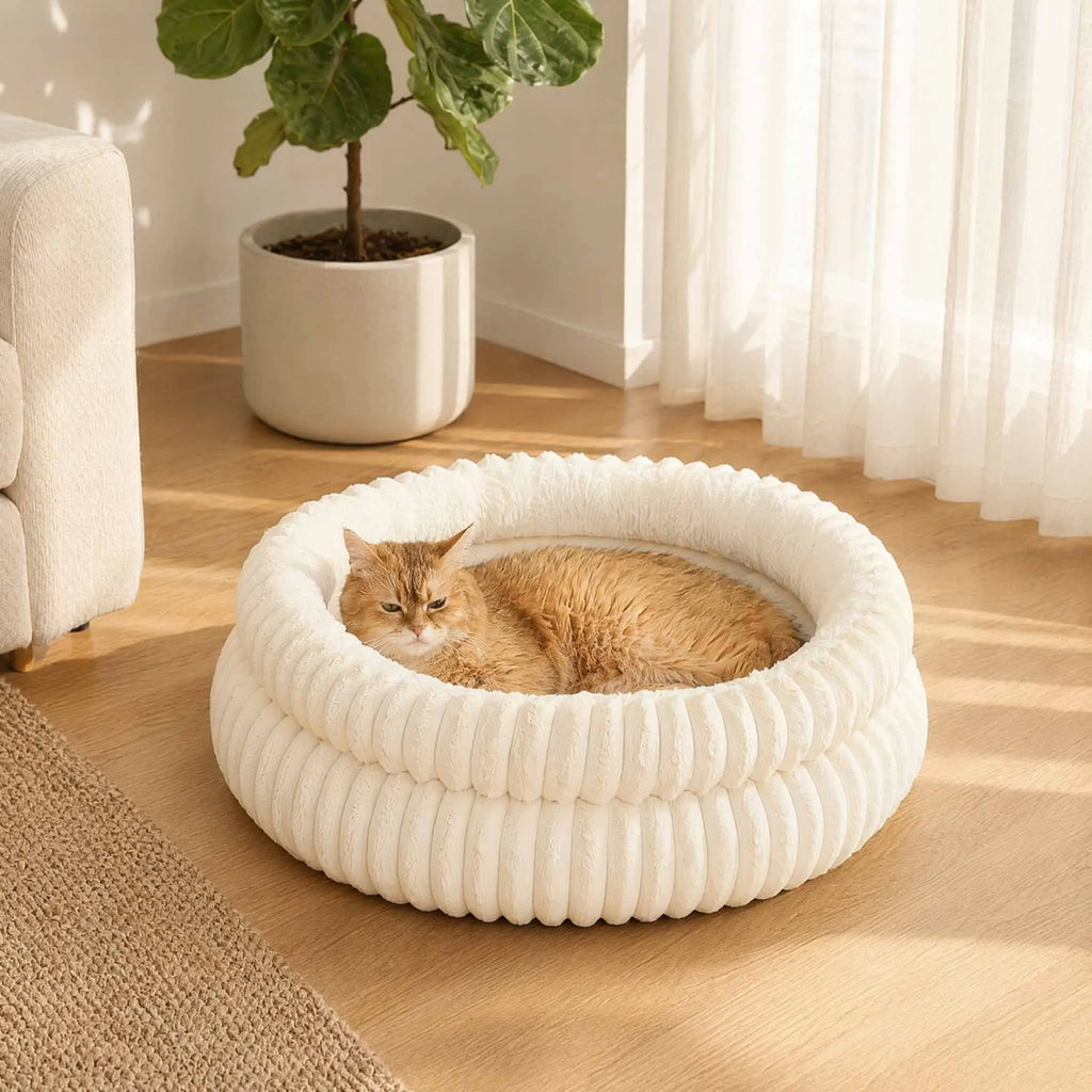 Double-Ribbed Plush Round Pet Bed