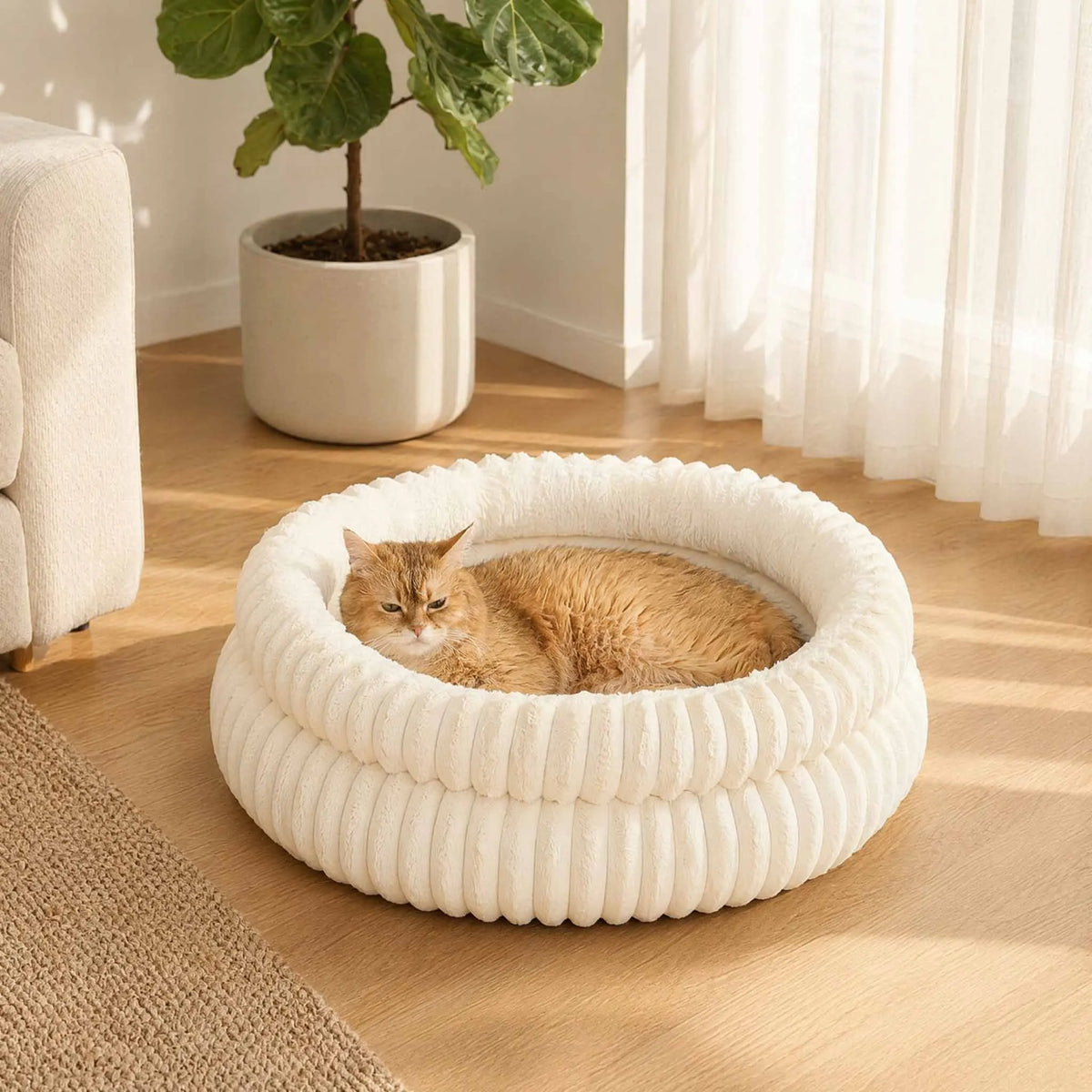 Double-Ribbed Plush Round Pet Bed