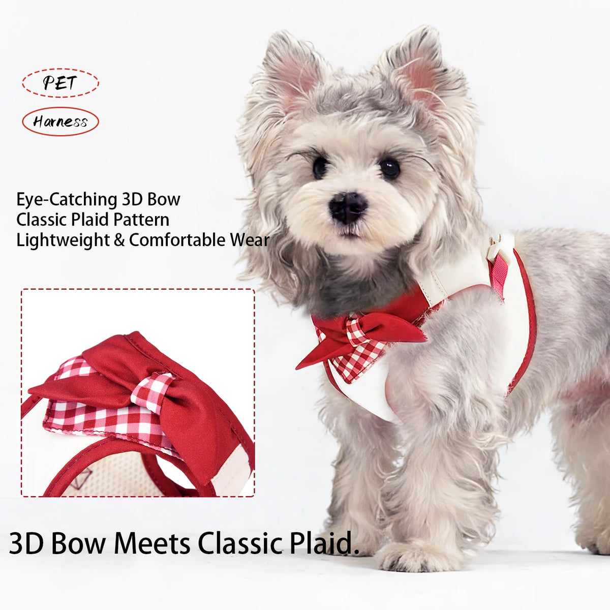 Bow-Detail Pet Vest Harness with Gingham Accent