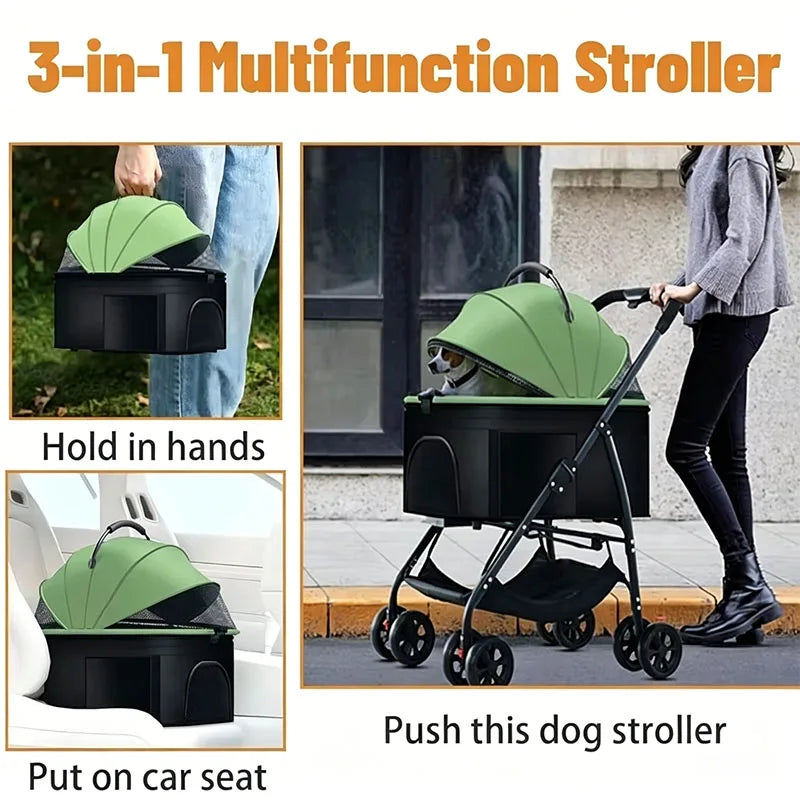 Folding Pet Stroller with Detachable Basket & Mesh Canopy