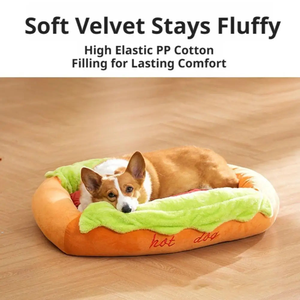 Hot Dog-Shaped Plush Bed for Small Dogs & Cats