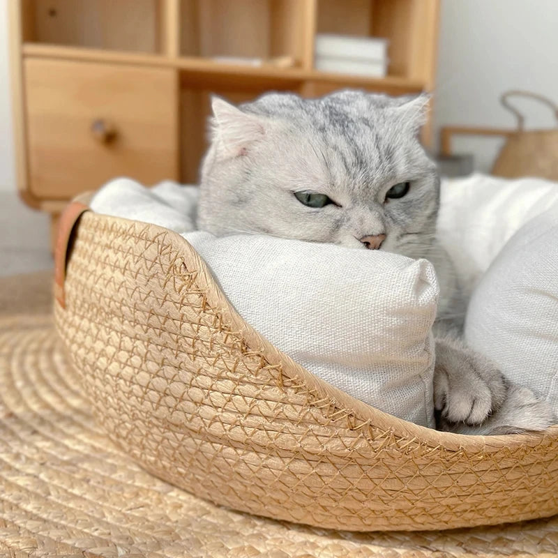 Woven Bamboo Cat Bed with Optional Mat & Pillow