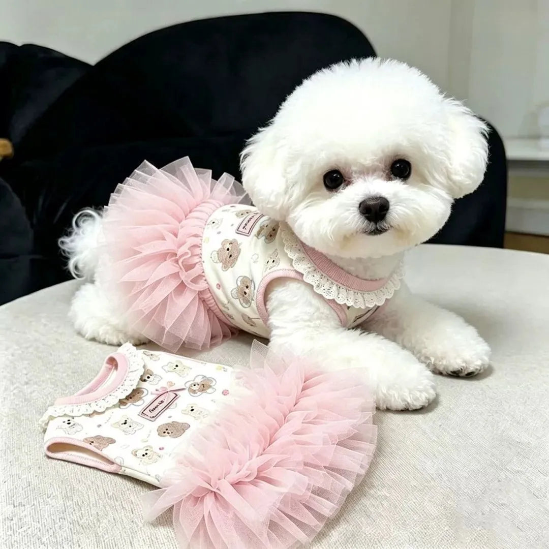Puppy-Print Pet Tutu Dress with Lace Collar & Bow