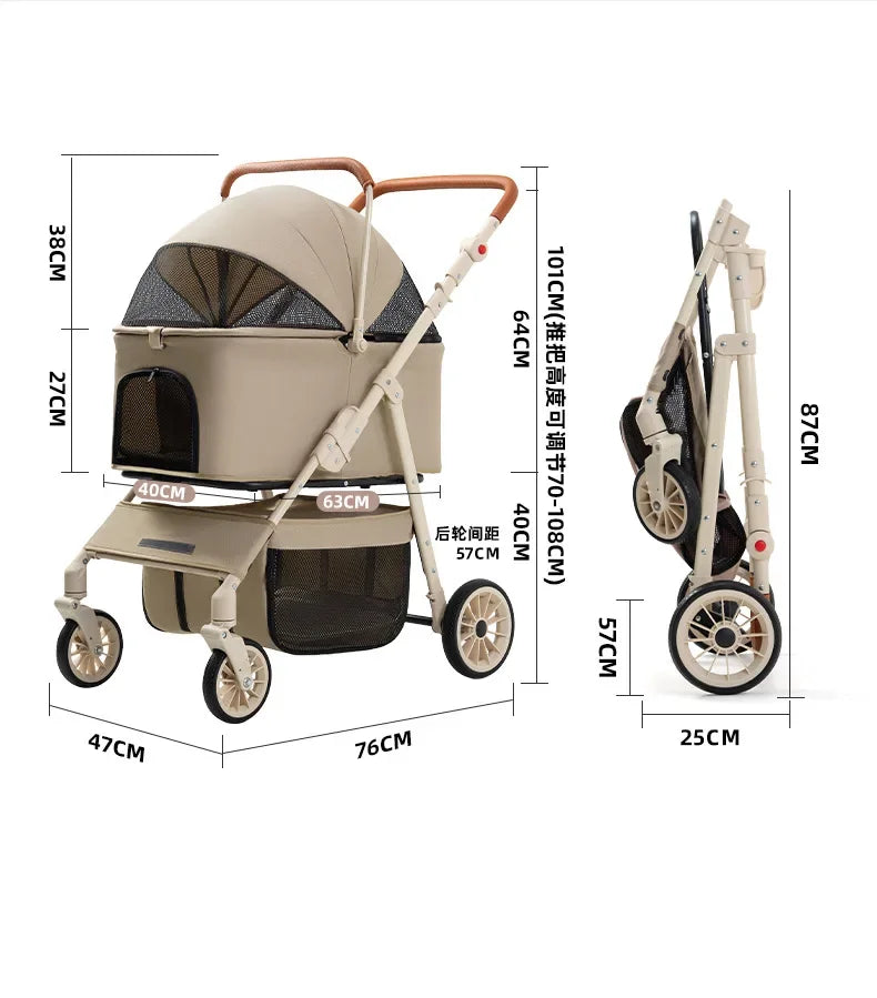 Folding Pet Stroller with Detachable Carrier & Lower Basket