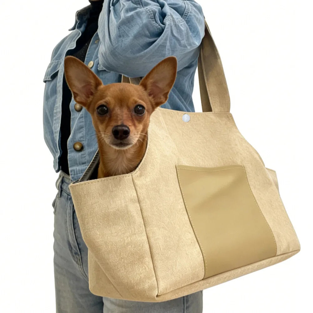Beige Open-Top Pet Carrier Tote with Pocket
