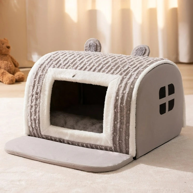 Bear-Ear Plush Pet House for Cats & Small Dogs