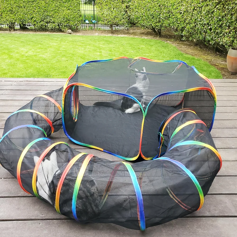 Portable Mesh Cat Playpen & Tunnel Set with Storage Bag