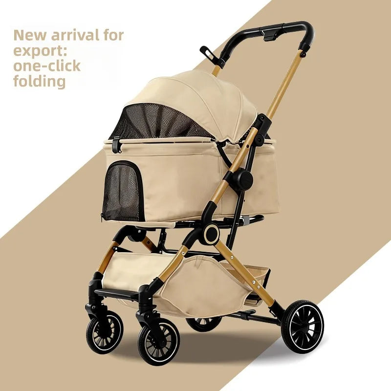 Quick-Fold Pet Stroller with Mesh Canopy & Storage Basket