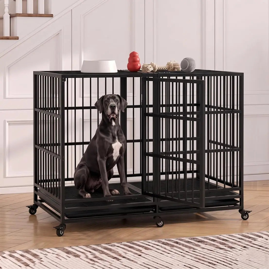54-Inch Steel Dog Crate with Wheels & Removable Trays, Black