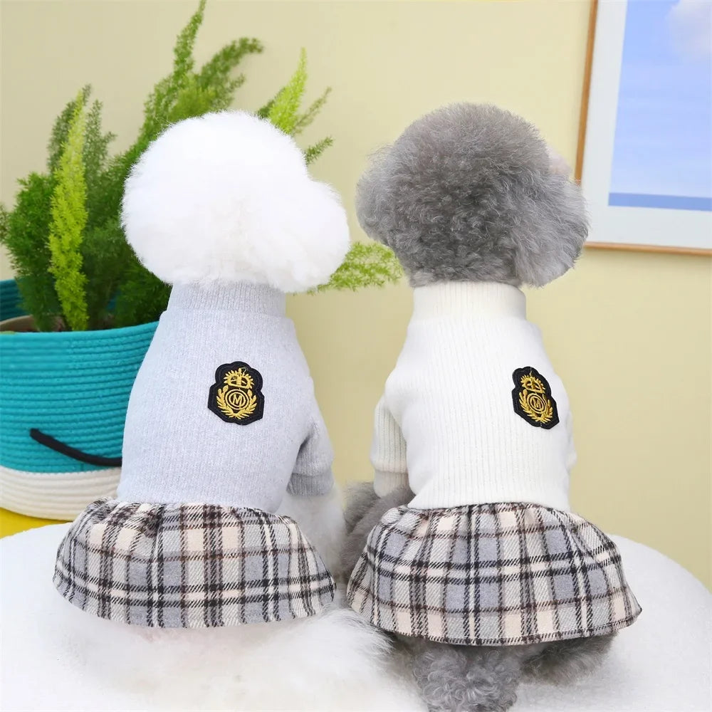 Plaid-Skirt Pet Dress with Decorative Back Patch