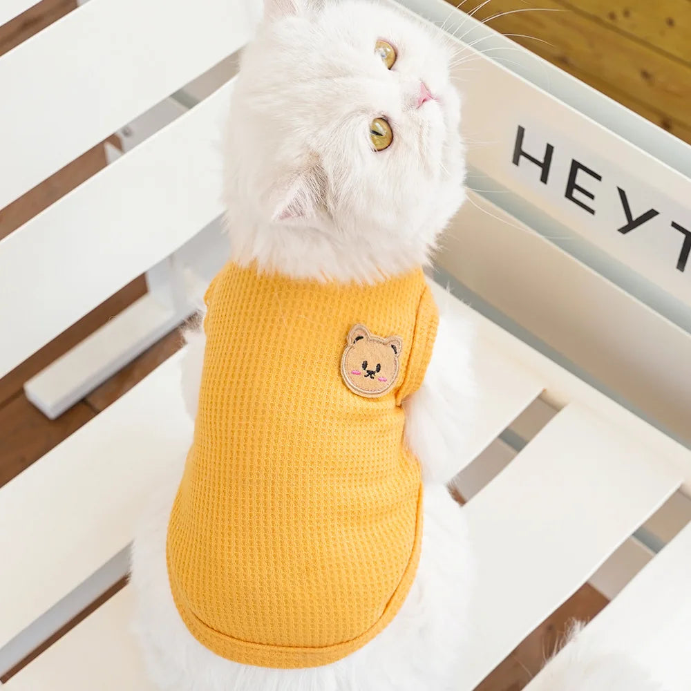 Waffle-Texture Bear-Patch Cat Vest