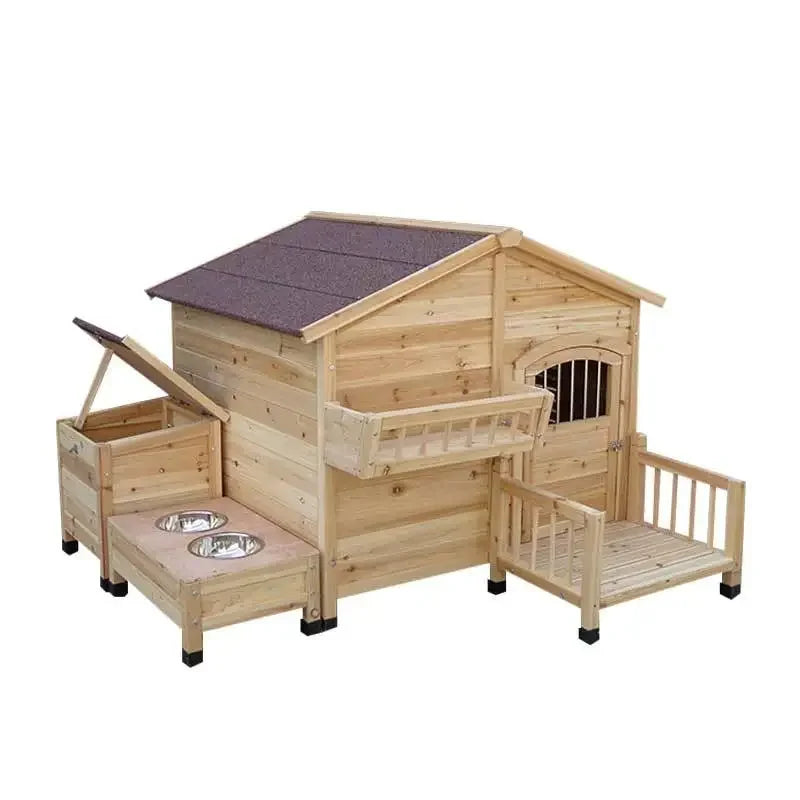 Wooden Dog House with Porch, Feeding Station & Side Storage