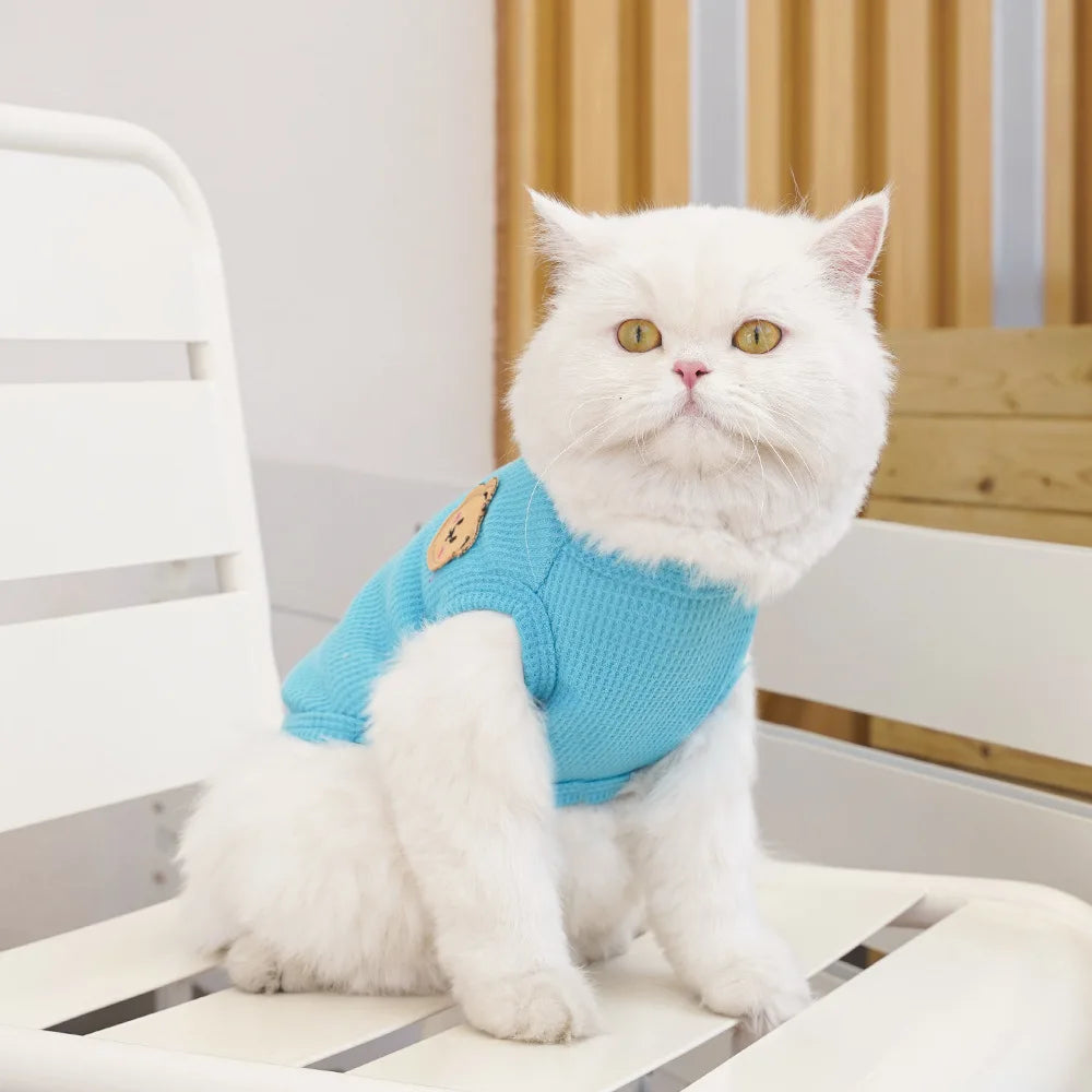 Waffle-Texture Bear-Patch Cat Vest