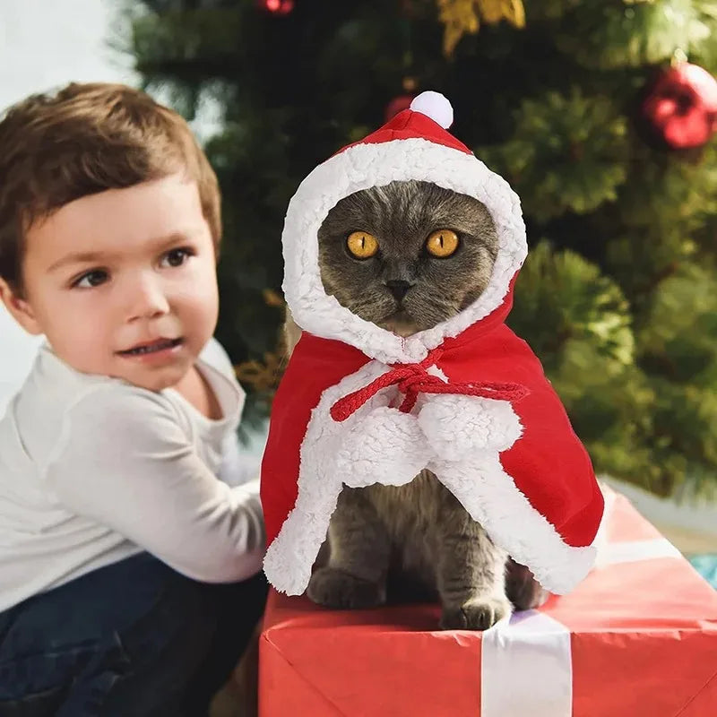 Santa Hooded Pet Cape with Pom-Pom Trim
