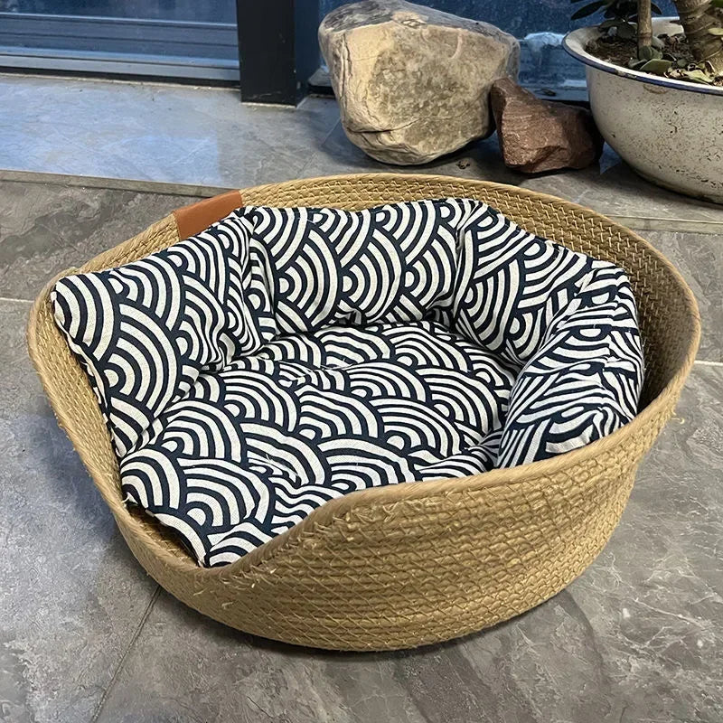 Handwoven Cat Basket Bed with Cushioned Liner