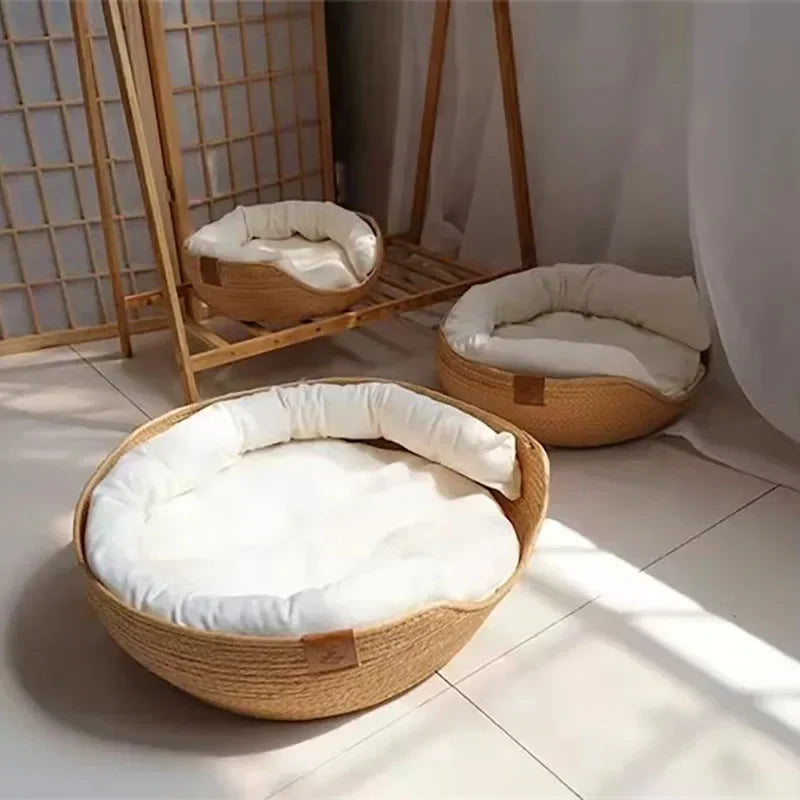 Handwoven Cat Basket Bed with Cushioned Liner