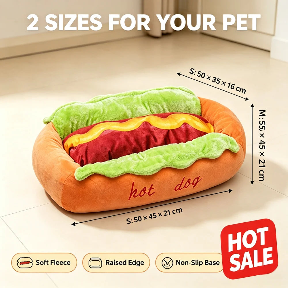Hot Dog-Shaped Plush Bed for Small Dogs & Cats
