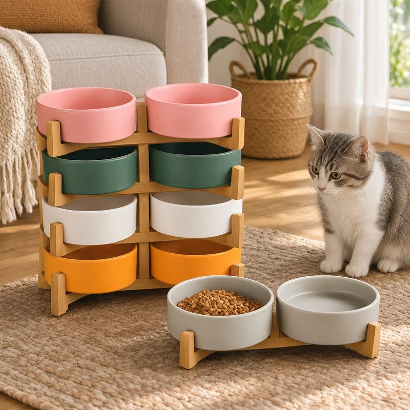 Ceramic Pet Bowl & Wooden Holder in Two Sizes