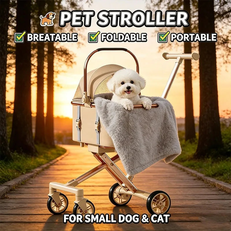 Khaki Compact Pet Stroller with Gold-Tone Frame