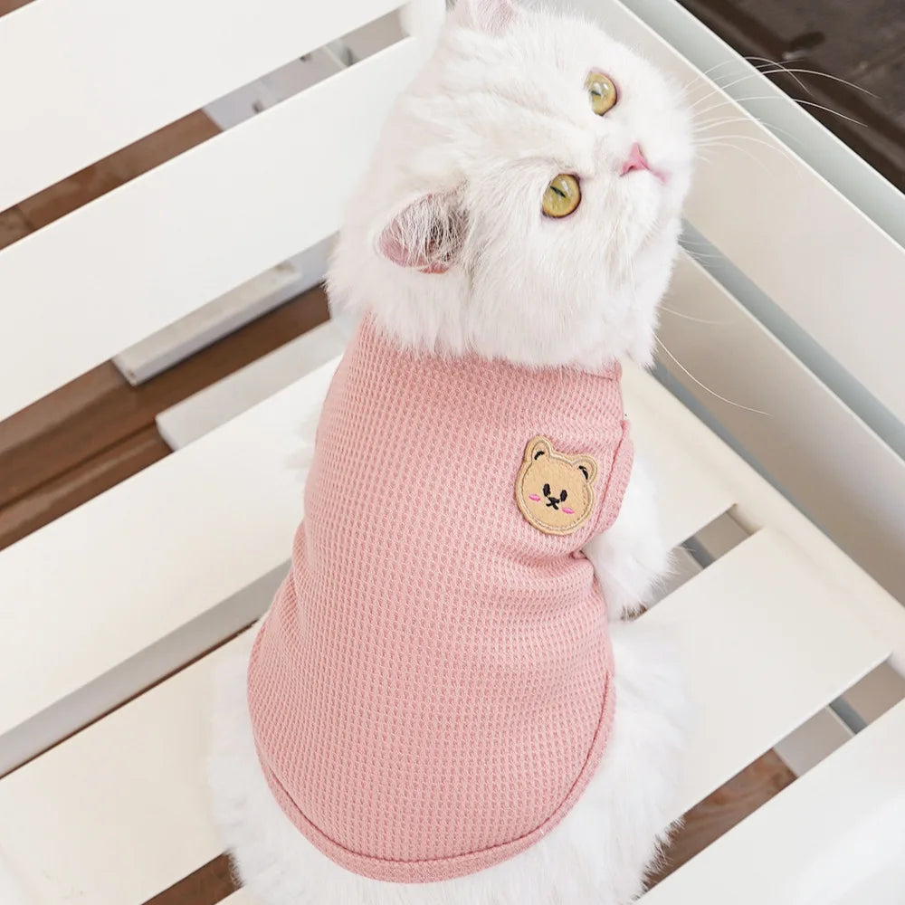 Waffle-Texture Bear-Patch Cat Vest