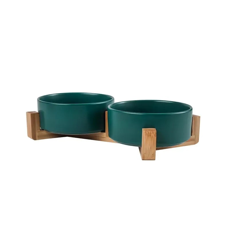 Ceramic Pet Bowl & Wooden Holder in Two Sizes