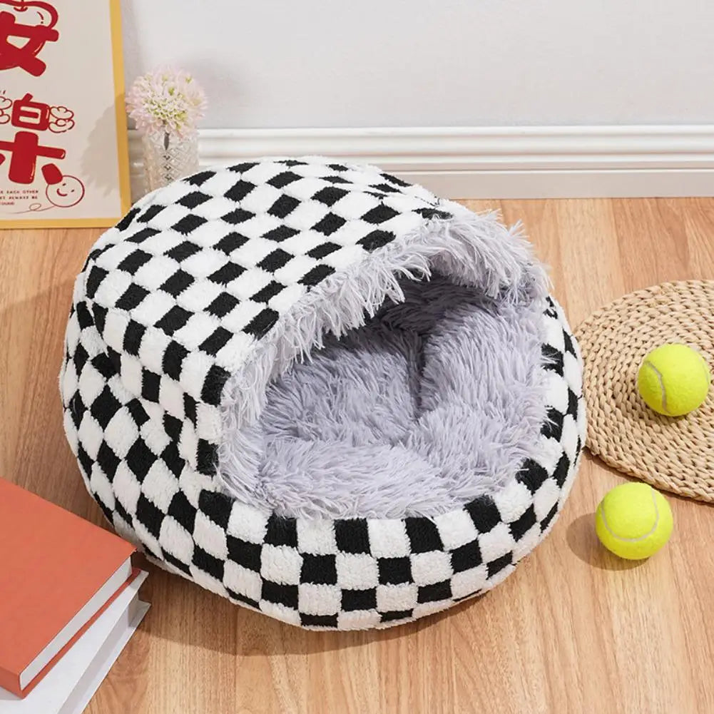 Checkerboard Plush Hooded Pet Bed
