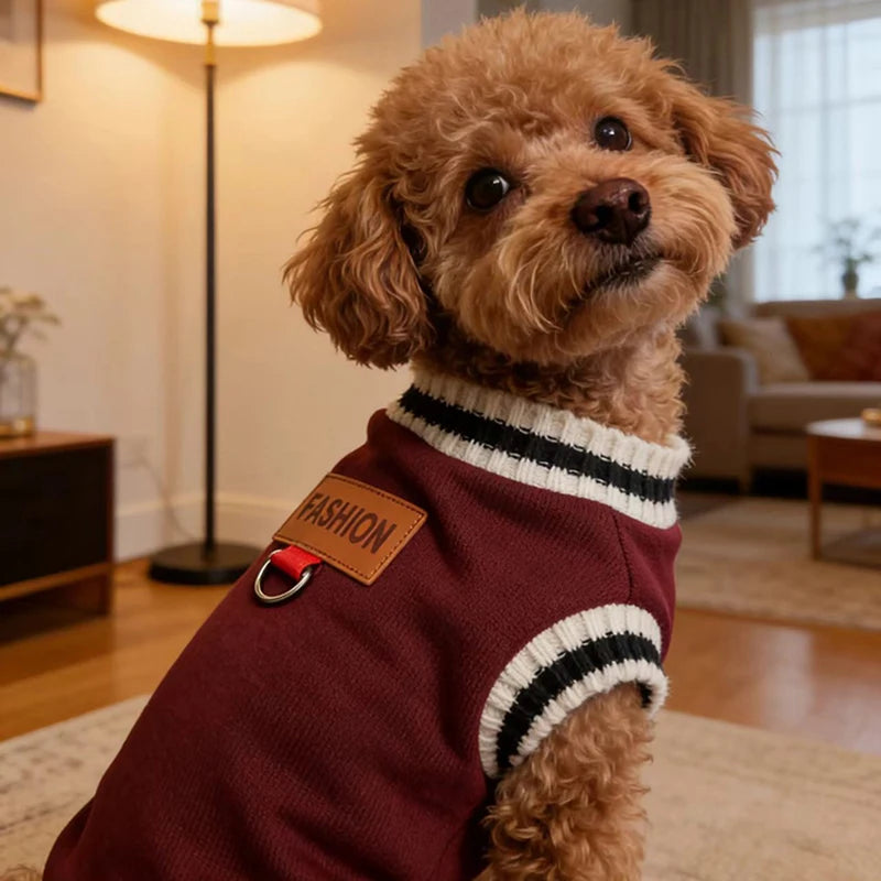 Striped-Trim Pet Sweater Vest with Back Patch