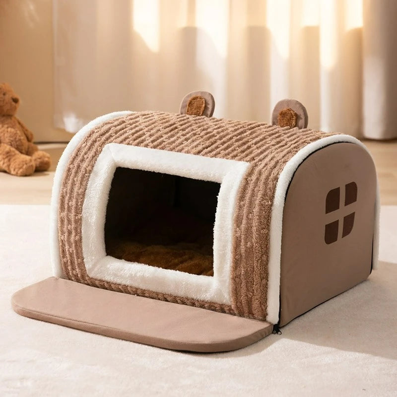 Bear-Ear Plush Pet House for Cats & Small Dogs