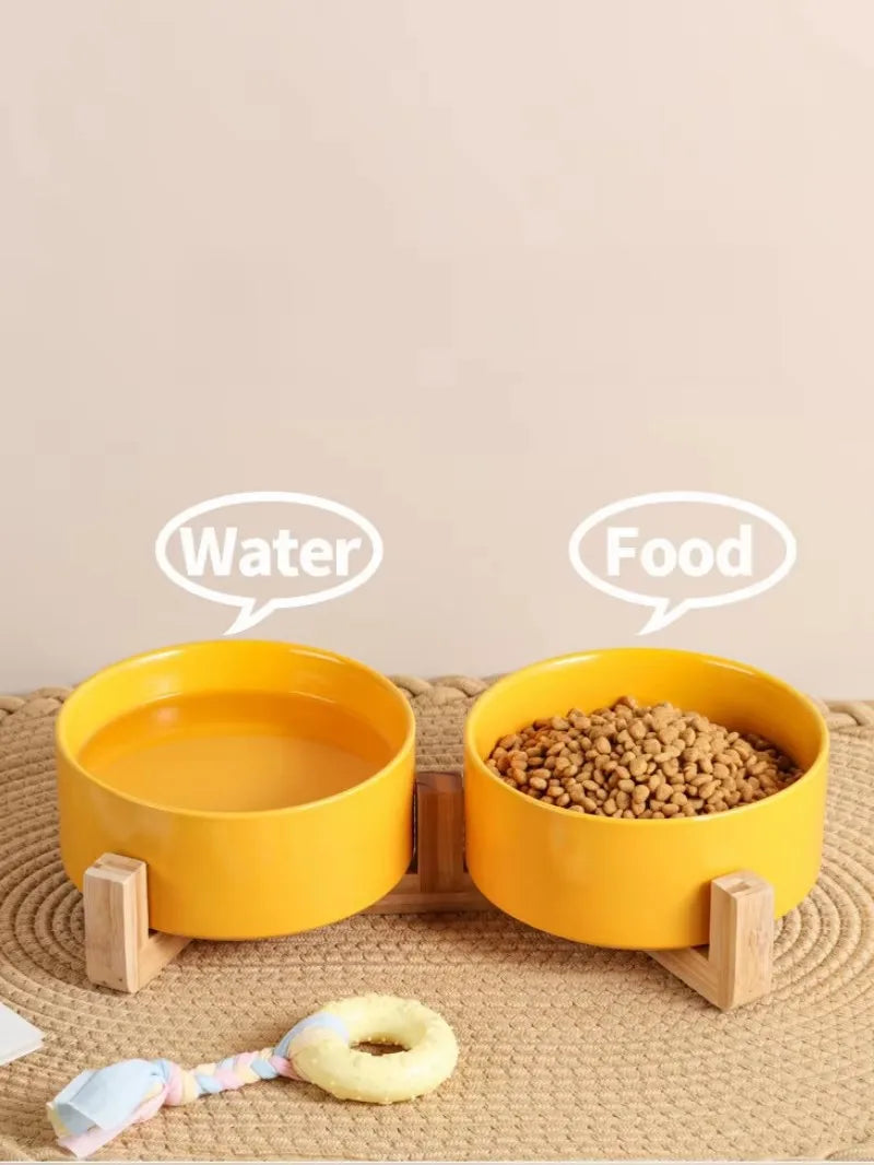 Ceramic Pet Bowl & Wooden Holder in Two Sizes