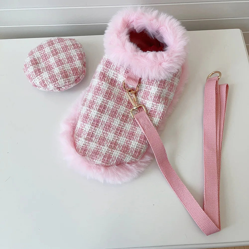 Plaid Pet Cape Coat with Fluffy Trim