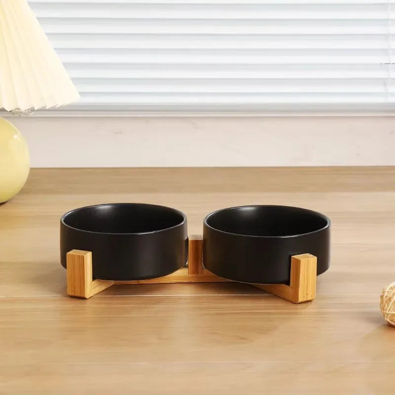 Ceramic Pet Bowl & Wooden Holder in Two Sizes